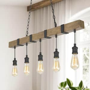 Modern Farmhouse 5-Light 35.5 in. Black Linear Chandelier with Faux Wood Accents Kitchen Island Pendant Light