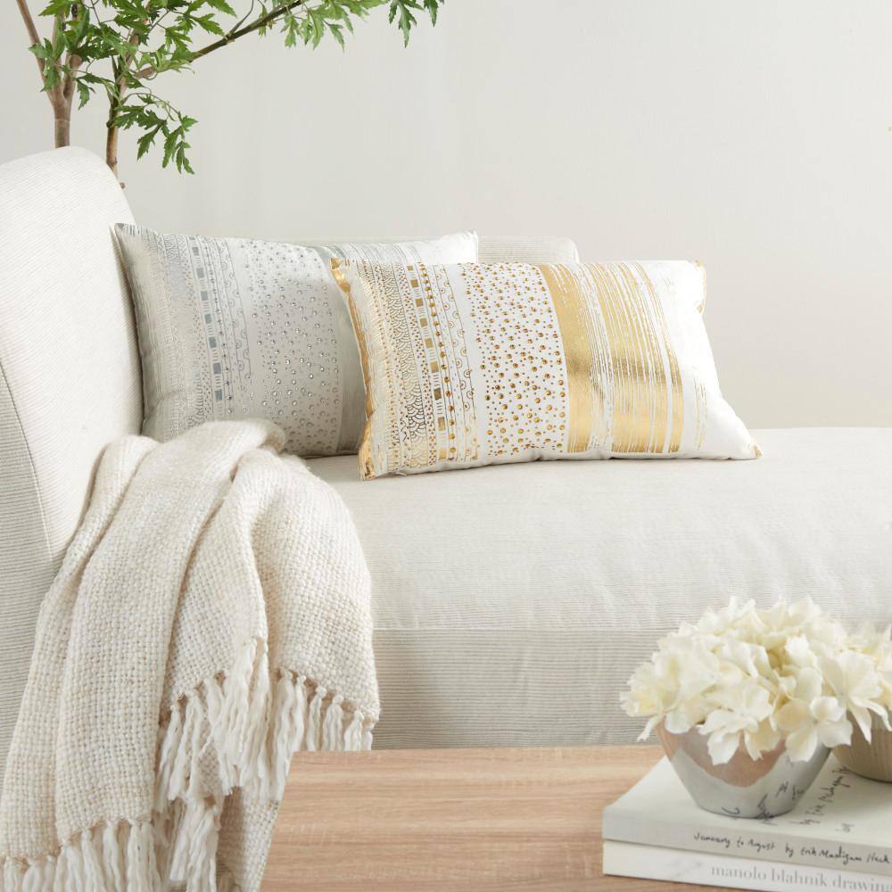 14"x20" Silver Embroidered Poly-Velvet Lumbar Pillow