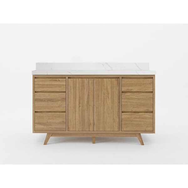 Willow Collections Madison Teak 60 in. W x 22 in. D x 36 in. H Single Sink Bath Vanity in Golden Teak with 2 in Calacatta Quartz Top