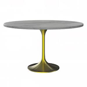 Verve Mid-Century Modern White Marble Top 47.24 in. Pedestal Dining Table Seats 6 with Brushed Gold Base