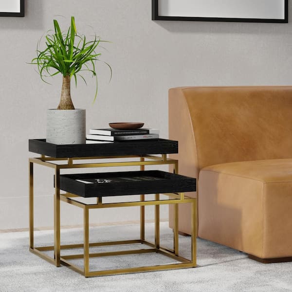 Simpli Home Macy Solid Mango Wood and Metal 20 in. W Rectangle Contemporary 2-Piece Nesting Table in Black, Gold, Fully Assembled