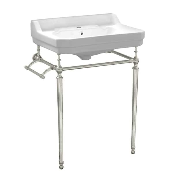 24 in. console sink with integrated rectangular bowl, solid brass leg supports and side towel bar