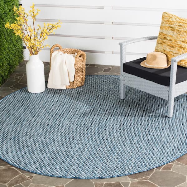 Courtyard Navy/Gray 9 ft. x 9 ft. Solid Distressed Indoor/Outdoor Patio  Round Area Rug
