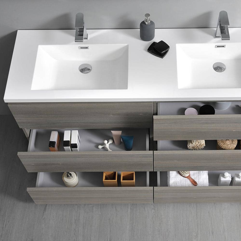 Contemporary 71" Gray Wood Double Sink Vanity Set with Acrylic Top
