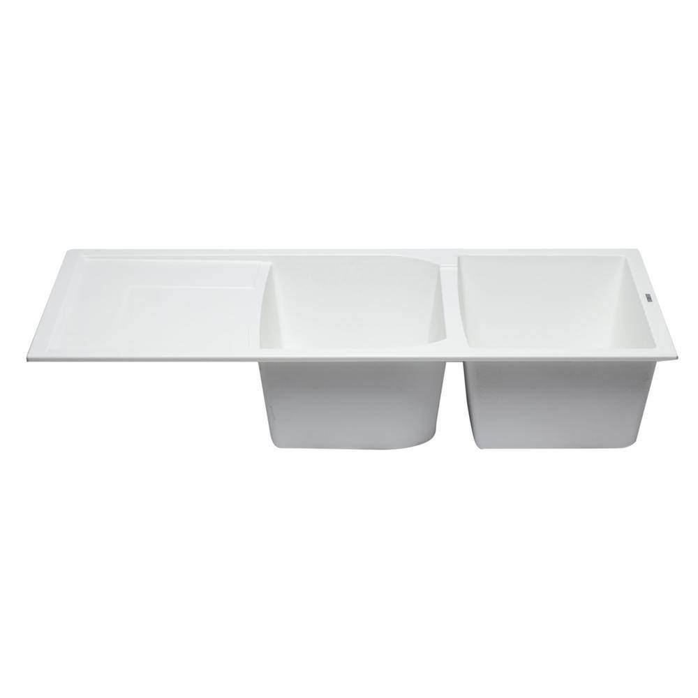 White 46'' Double Bowl Granite Drop-In Kitchen Sink with Drainboard