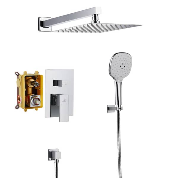CASAINC 3-Spray Patterns with 10 in. Wall Mount Dual Shower Heads with Hand Shower Faucet, in Chrome (Valve Included)