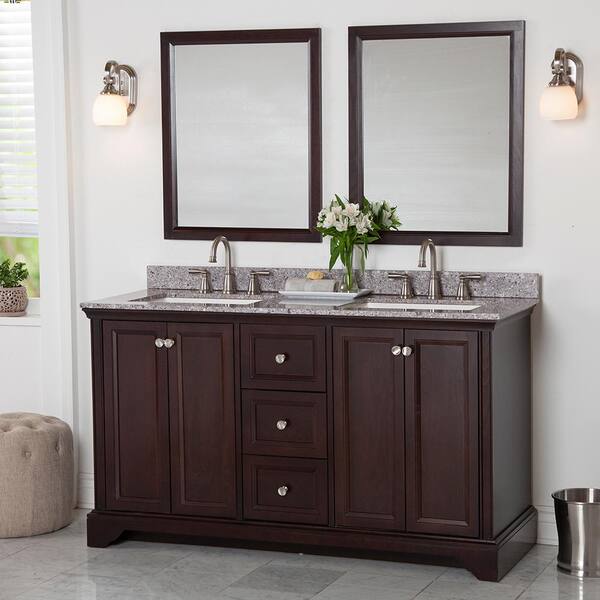 Home Decorators Collection Stratfield 61 in. W x 22 in. D Bath Vanity in Chocolate with Stone Effect Vanity Top in Mineral Gray with White Sink