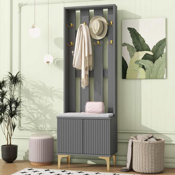 Polibi Modern Luxury 4-in-1 Hall Tree with Cushion, 8 Gold Hooks and Legs, Adjustable Shelves and Fluted Doors, Gray