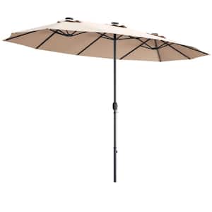 15 ft. Solar LED Outdoor Double-Sided Market Patio Umbrella with 36-Lights Crank in Beige