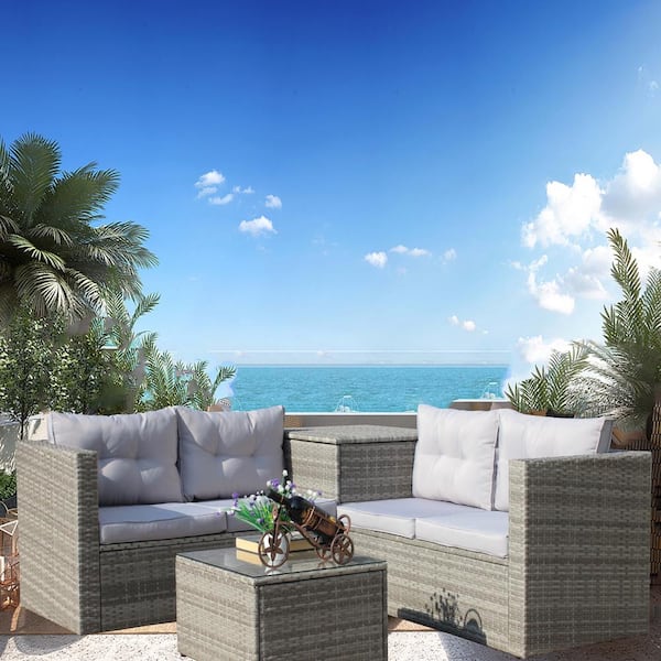 Unbranded 4-Pieces Patio Sectional Wicker Rattan Outdoor Furniture Sofa Sectional Set with Storage Box and Grey Cushions