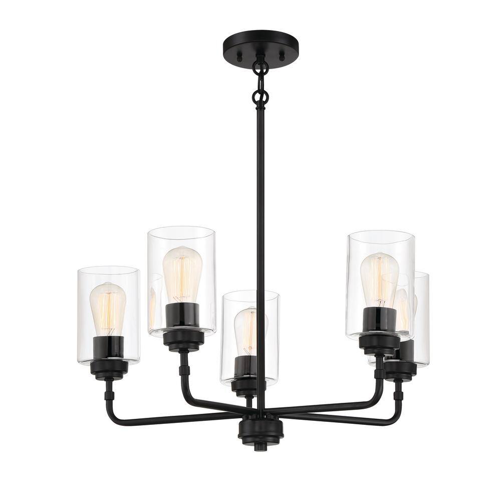 Stowe Flat Black 5-Light Cylinder Chandelier with Clear Glass