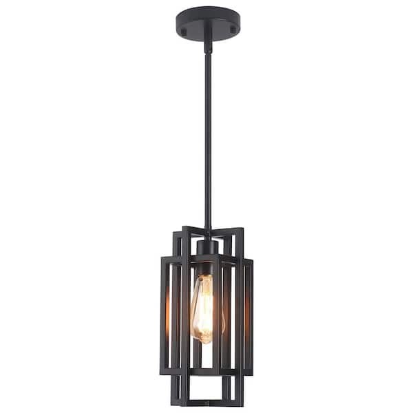 1-Light Matte Black Cube Pendant Hanging Light with Metal Shade For Bedroom