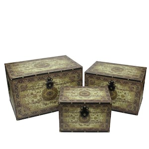 22 in. Oriental Style Brown and Cream Earth Tone Decorative Wooden Storage Boxes (Set of 3)