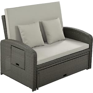 Gray Wicker Rattan Outdoor Double Chaise Lounge with Adjustable Back and Gray Cushions