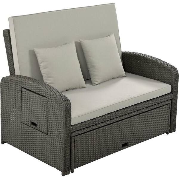 Sudzendf Gray Wicker Rattan Outdoor Double Chaise Lounge with ...