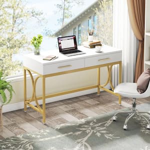 Halseey 41 in. Rectangular White Wood 2-Drawer Computer Desk Study Writing Desk with Metal Frame