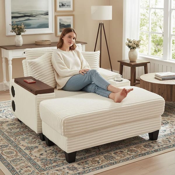 HAQI 42 in. Straight Arm Corduroy Sofa with Rotating Table Board, USB Charging and Bluetooth Speaker, in Ivory White