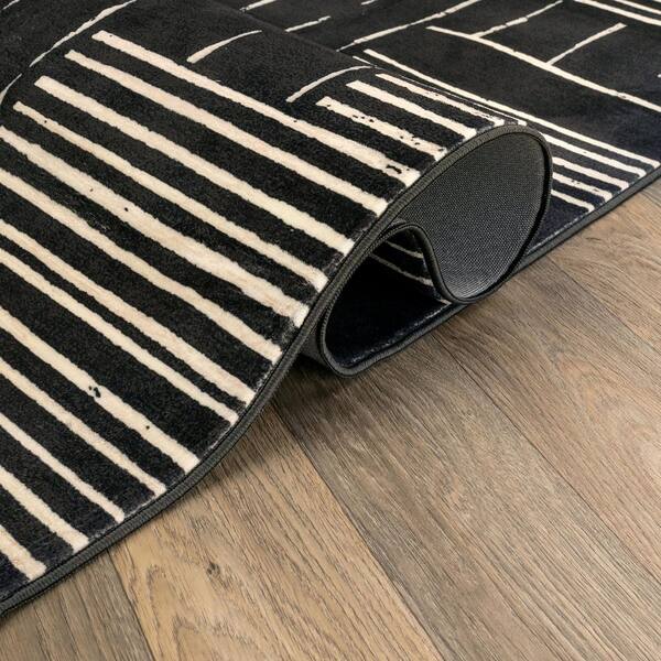Block Stripe Black Machine Washable Non-Slip Backing Area Rug 2' x 6' Black