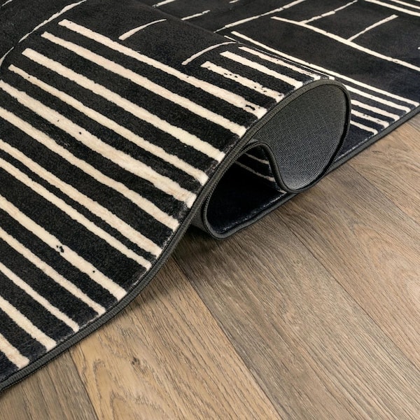 Block Stripe Black Machine Washable Non-Slip Backing Area Rug 5' x 7' Black