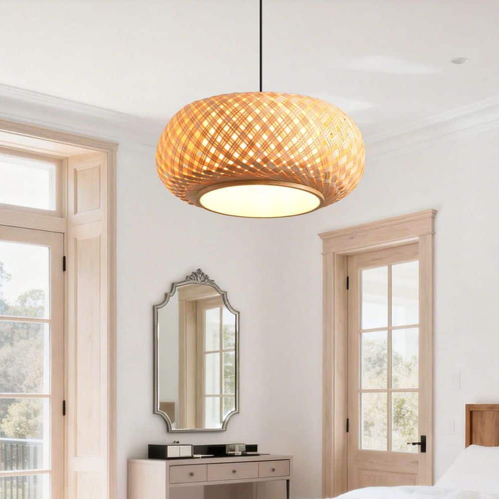 Parrot Uncle 15.7 in. 1-Light Brown Bamboo Rattan Lantern Pendant