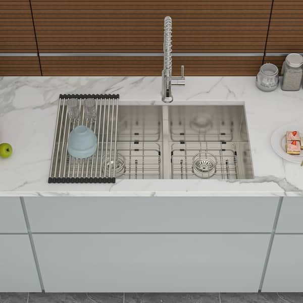 Lindra 28 in. x 19 in. Undermount Double Bowl 16-Gauge Stainless Steel Kitchen Sink with Accessories