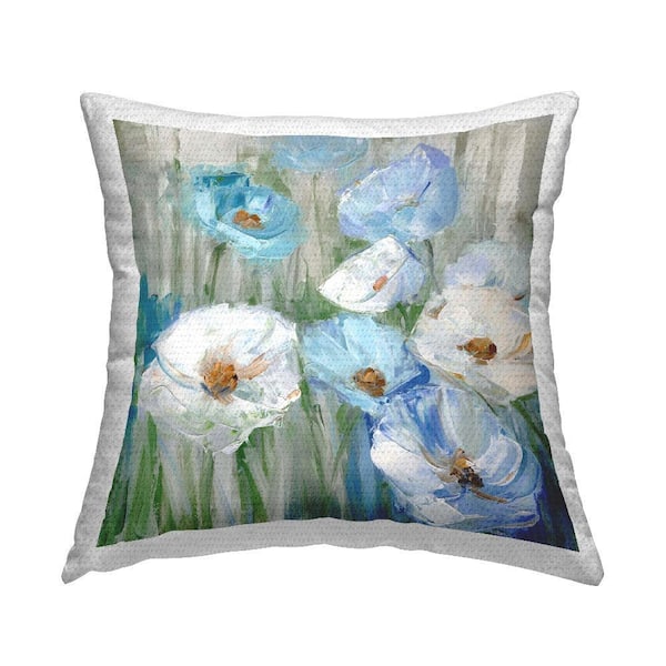 Blue & White Poppies Blue Square Outdoor Throw Pillow