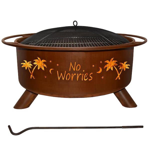 No Worries 29 in. x 18 in. Round Steel Wood Burning Fire Pit in Rust with Grill Poker Spark Screen and Cover