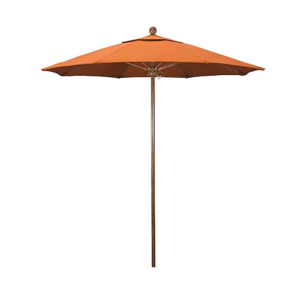 California Umbrella 7.5 ft. Woodgrain Aluminum Commercial Market Patio Umbrella Fiberglass Ribs and Push Lift in Tangerine Sunbrella