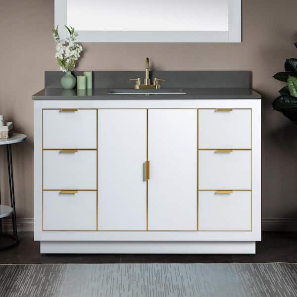 WOODBRIDGE Venice 49 in.W x 22 in.D x 38 in.H Bath Vanity in White with Engineered stone Vanity Top in Dark Gray with White Sink