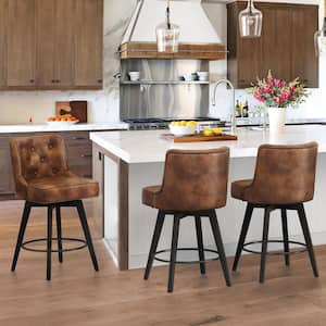 Roman 26.5 in. Brown Faux Leather Solid Wood Leg Counter Height Swivel Bar Stool With Back（Set of 3）