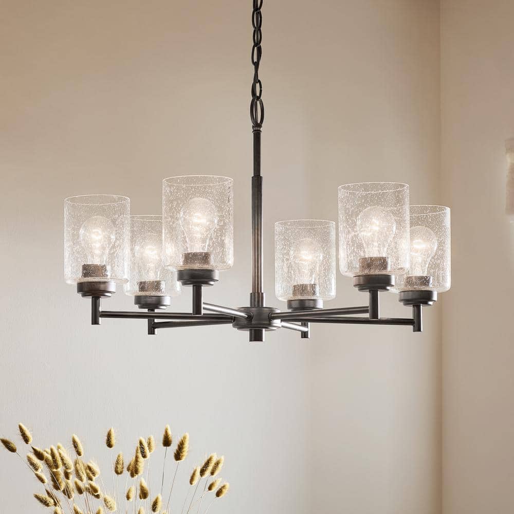 Bronze 6-Light Chandelier with Clear Seeded Glass Shades