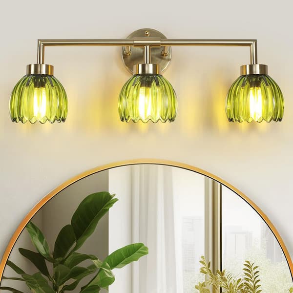 24.02 in. 3-Light Brass Wall Sconces Vanity Light with Tulip Green Glass Shade for Mirror Kitchen Living Room Hallway