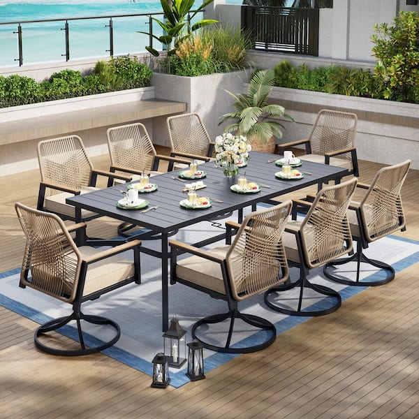 7-Piece Black Metal Patio Outdoor Dining Set with Rectangle Table and Woven Rope Swivel Chair with Beige Cushions