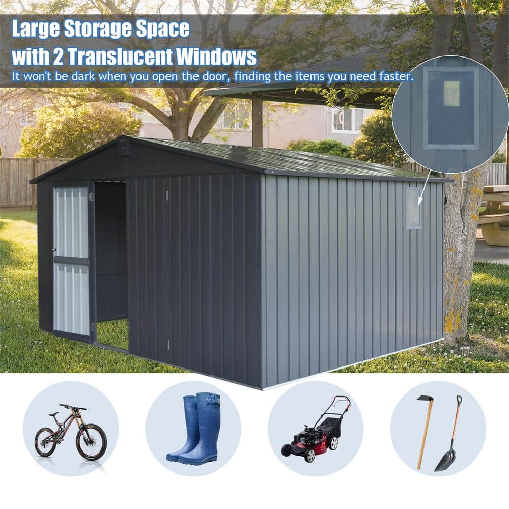 Large Gray Metal Outdoor Garden Shed with Double Doors and Windows