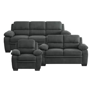 Deliah 80 in. W Straight Arm Textured Fabric Rectangle 3-Piece Living Room Sofa Set in Dark Gray