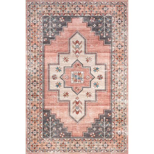 Laurel Medallion Machine Washable Blush 6 ft. x 9 ft. Indoor/Outdoor Patio Rug