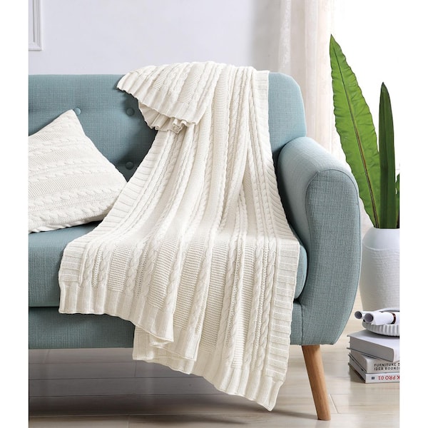 Dublin Ivory Cable Knit Cotton Throw Blanket, 50 in. x 70 in.