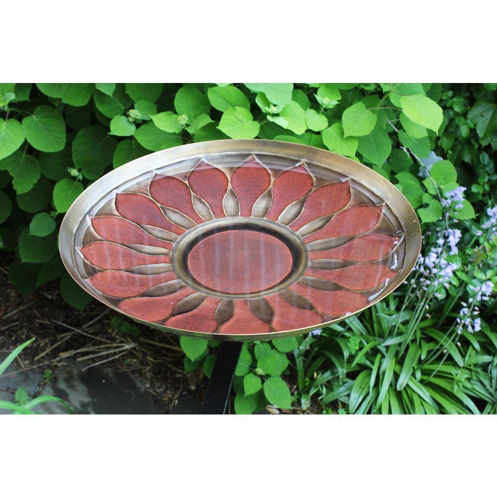 18" Brass and Red Metal African Daisy Birdbath with Rail Mount