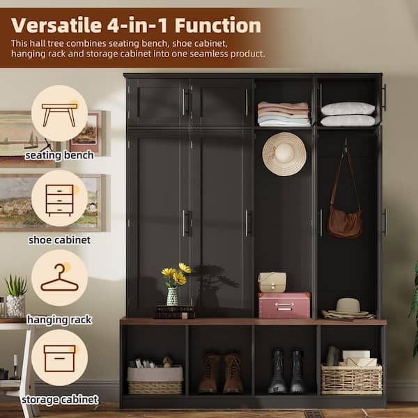 Nestfair Black 8-door Hall Tree with Walnut Seating Bench, Shoe Cabinet and 4 Hidden Hanging Hooks HTOT2882B
