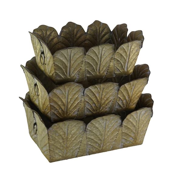 Set of 3 Distressed Metal Planters, L: 22 x 16.7 x 8.3 in. M: 21 x 16.5 x 7.3 in. S: 18 x 13.5 x 7 in.
