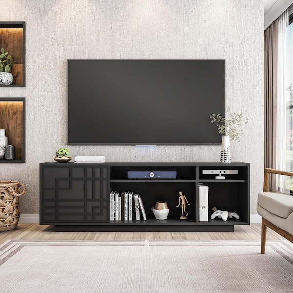 TECHNI MOBILI Black TV Stand Fits TVs up to 70 in. with Patterned Storage Cabinet