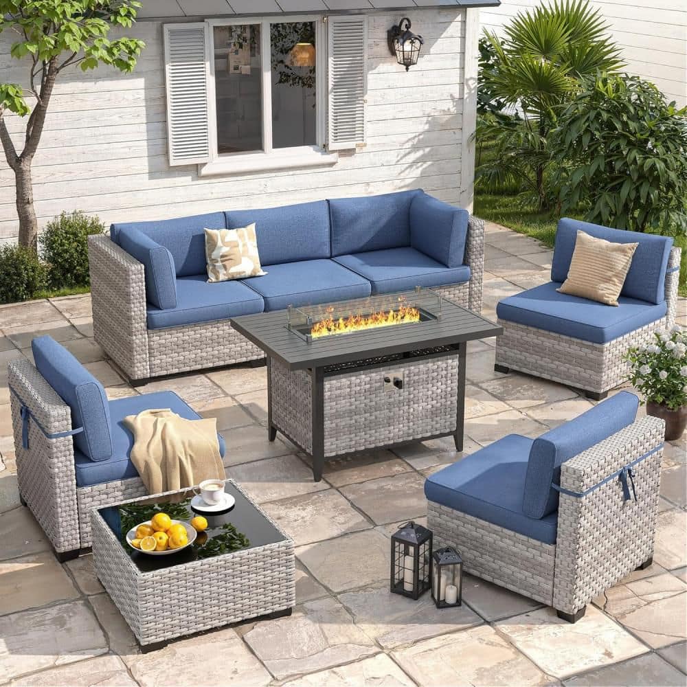 8-Piece Wicker Outdoor Patio Conversation Seating Set with Navy Cushions & 55,000 BTU Fire Pit Table price history on PriceWatchPro