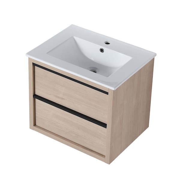 INSTER LINE 24 in. W x 18.8 in. D x 21.25 in. H Single Sink Wall Mount Bath Vanity in Light Oak with White Ceramic Top Sink