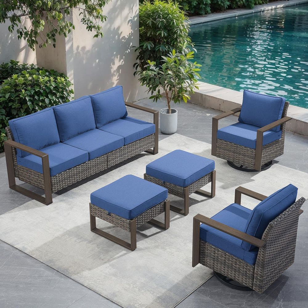 CubeEdge 5-Piece Gray Wicker Patio Conversation Set with Olefin Blue Cushions and Ottomans/ Patio Swivel Gliders price history on PriceWatchPro