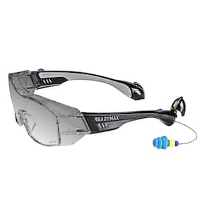 Fitover Safety Glasses Black Frame Dark Gray Lens with Built In NRR 27 db TPR PermaPlug Earplugs
