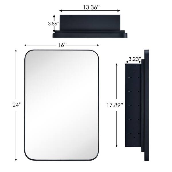 TEHOME 16 in. W x 24 in. H Rounded Rectangular Stainless Steel Recessed Framed Medicine Cabinet with Mirror in Matt Black