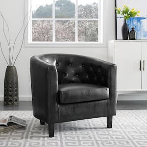 Black Accent Chair, Button Tufted Faux Leather Barrel Chair, Midcentury Modern Accent Chair Comfy Armchair