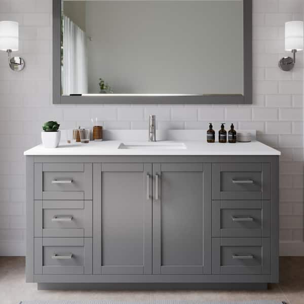 Wyndham Collection Miranda 60 in. W Single Bath Vanity in Dark Gray with Cultured Marble Vanity Top in White with White Basin and Mirror