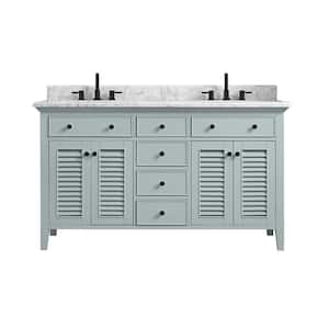 Fallworth 61 in. W x 22 in. D x 35 in. H Double Sink Freestanding Bath Vanity in Light Green with Carrara Marble Top
