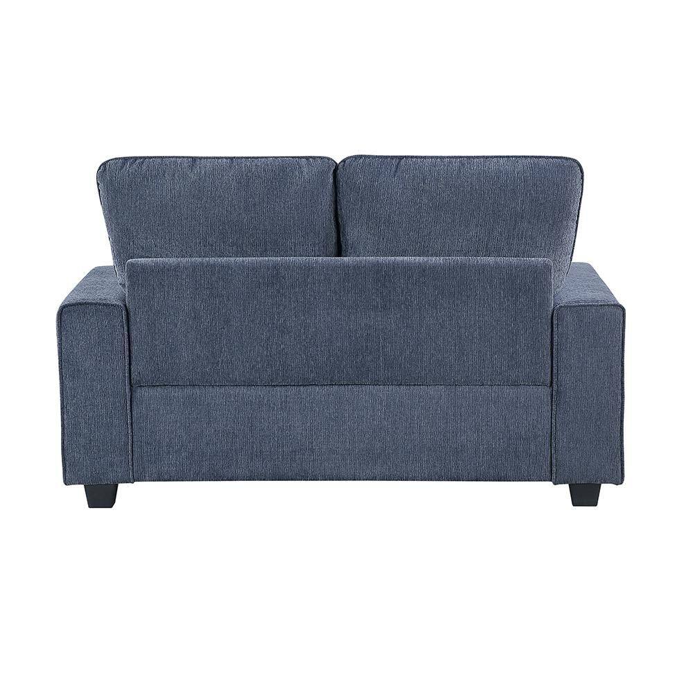 Blue chenille loveseat upholstered from the front.